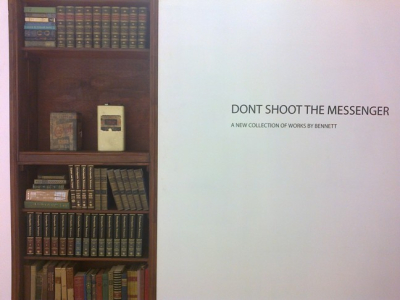 Exhibition title with bespoke bookcase