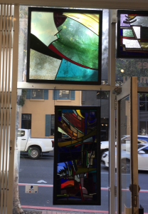 Stained glass panels in the front window